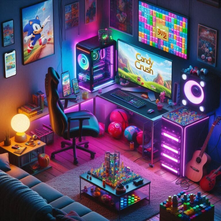 A vibrant, futuristic gaming room with an RGB-lit PC setup, console station, and mobile gaming corner. Features playful elements like Sonic the Hedgehog figurines, Tetris blocks, Pac-Man ghosts, and retro gaming shelves. Speech bubbles display iconic game puns like 'I’m just buffering!' and 'Press Start to Laugh!' The scene is dynamic, colorful, and celebrates gaming humor and culture.