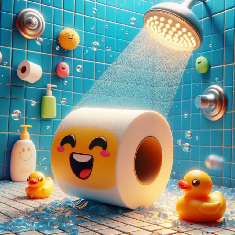 A cheerful 3D illustration of a bathroom-themed scene featuring a smiling toilet paper roll, a rubber duck, a bar of soap with a smiley face, and a golden trophy labeled 'Best Jokes 2025.' The background includes colorful tiles with smiley faces and a mirror reflecting a group of diverse, happy people laughing together. Bold 3D text reads: '999+ Hilarious Jokes & Puns – Laugh Out Loud in 2025!