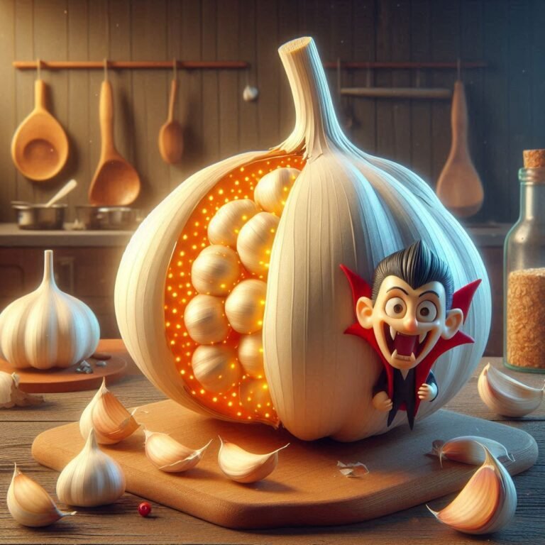 3D image of a glowing garlic bulb with a scared vampire, garlic bread, and kitchen tools. Title: '120+ Clove-tastic Garlic Puns and Jokes.