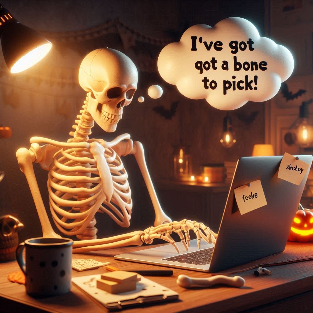 A cheerful 3D skeleton wearing a party hat, holding a microphone, and telling jokes on a Halloween-themed stage with pumpkins, cobwebs, and glowing jack-o'-lanterns. A crowd of laughing skeletons reacts with speech bubbles containing funny bone-related puns.