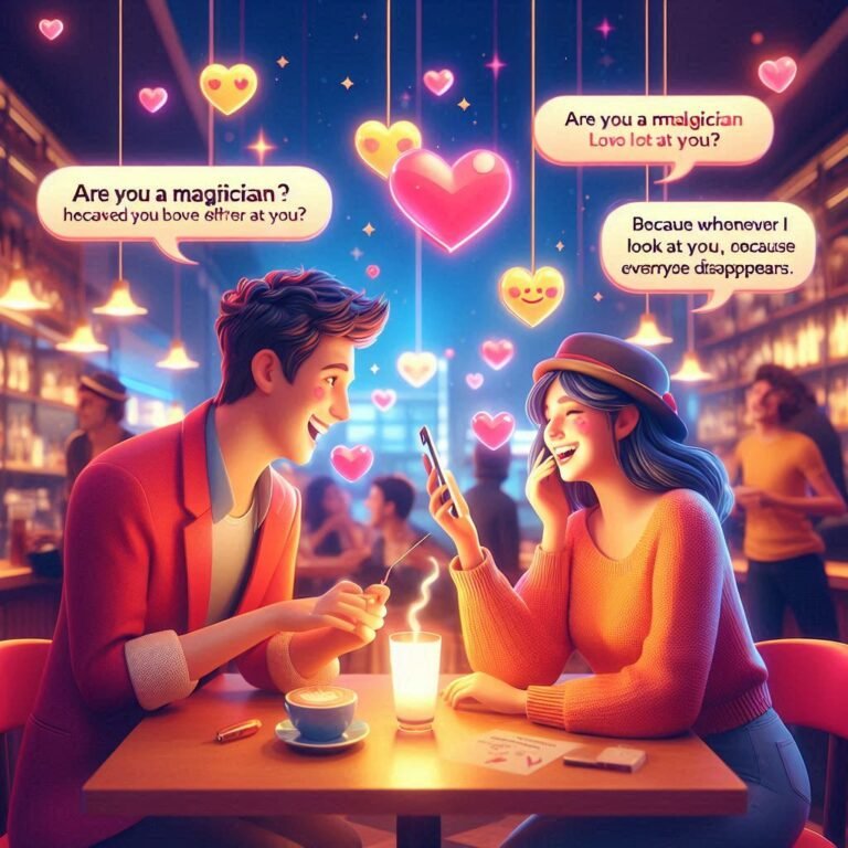 "A cheerful young man and woman laughing at a café while exchanging playful pun pick-up lines on a smartphone. Neon heart icons and speech bubbles with witty lines float above them, creating a fun and romantic atmosphere. The blog title ‘100+ Best Pun Pick-Up Lines That’ll Make Anyone Smile in 2025’ is displayed in a bold, playful font.