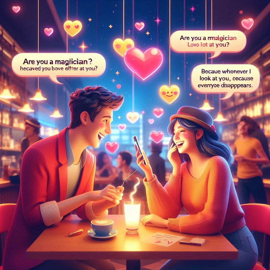 "A cheerful young man and woman laughing at a café while exchanging playful pun pick-up lines on a smartphone. Neon heart icons and speech bubbles with witty lines float above them, creating a fun and romantic atmosphere. The blog title ‘100+ Best Pun Pick-Up Lines That’ll Make Anyone Smile in 2025’ is displayed in a bold, playful font.