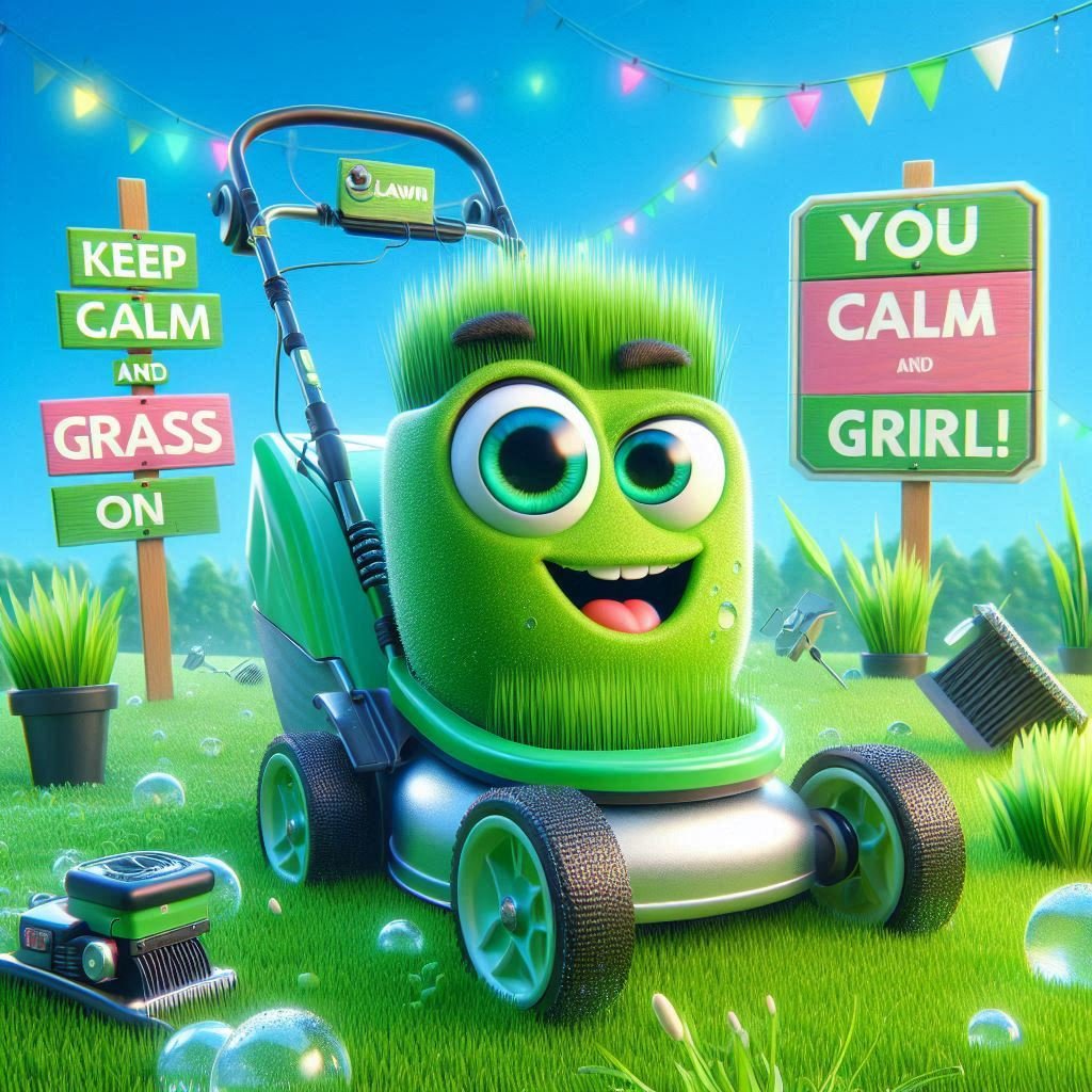 A cheerful 3D lawn scene with a friendly lawnmower, humorous grass pun signs, and playful garden gnomes in a lush green yard.