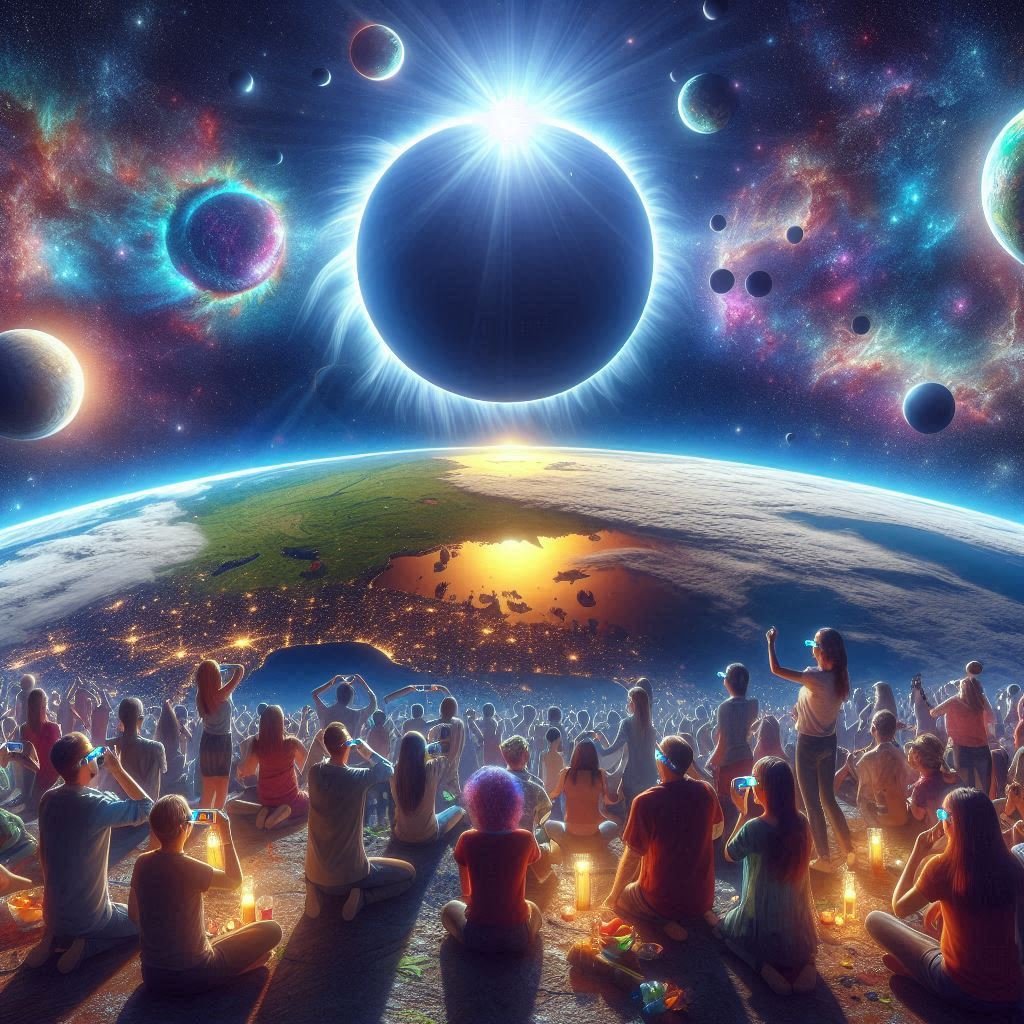 A lively 3D scene of a solar eclipse party with people wearing eclipse glasses, laughing, and enjoying decorations under the celestial event.