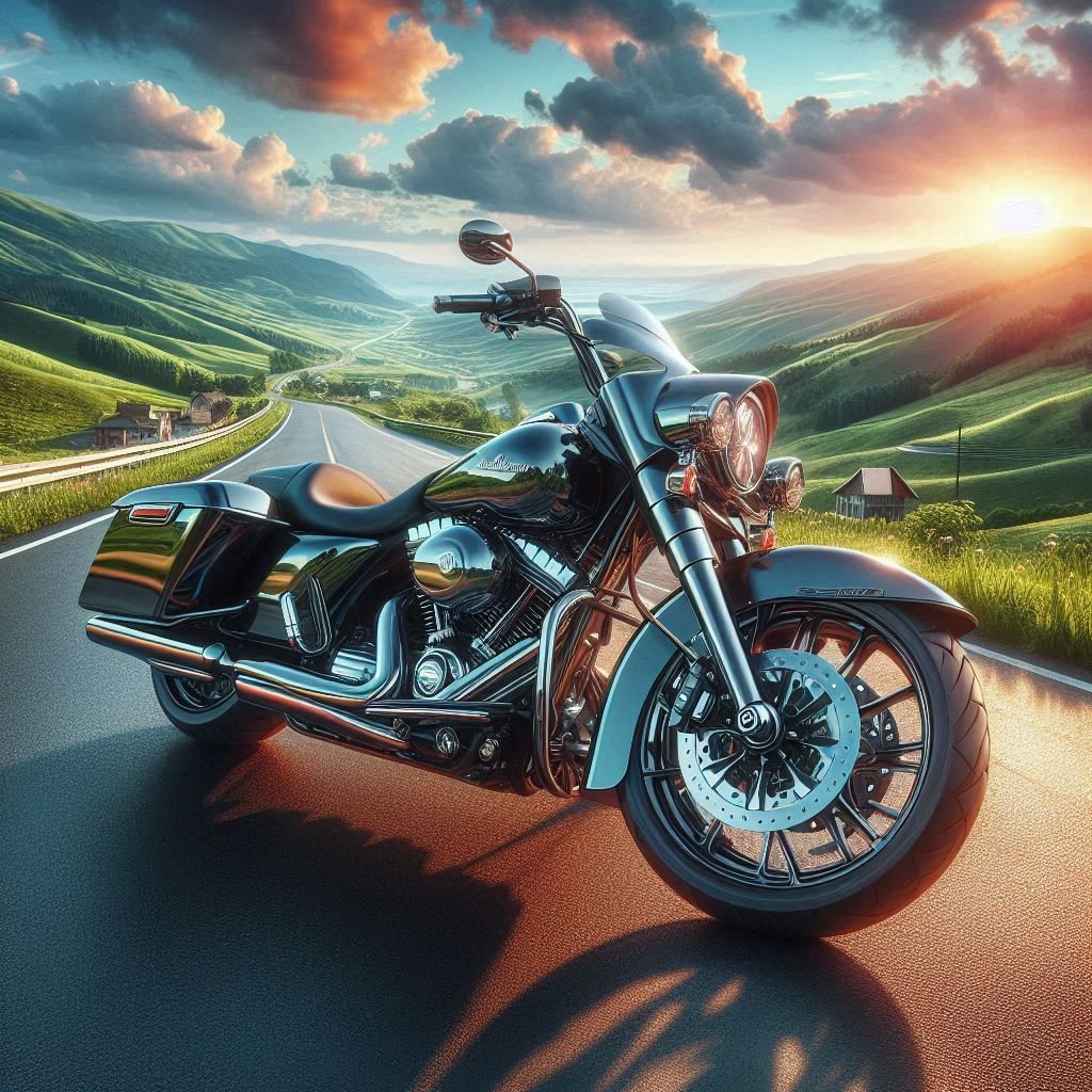 Sleek Harley-Davidson motorcycle on a scenic road with text: '120+ Rev-tastic Motorcycle Puns and Jokes.' Playful speech bubble says, 'Vroom with a view!