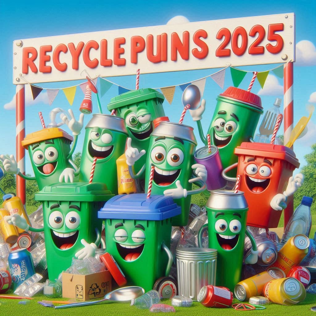 A fun, 3D-rendered recycling scene featuring smiling trash bins, soda cans, and plastic bottles with expressive faces. The bins display labels for "Paper," "Plastic," and "Glass," while speech bubbles showcase witty recycling puns. A futuristic eco-friendly setting highlights the humor in sustainability with a bold slogan, "Reduce, Reuse, Re-Laugh!