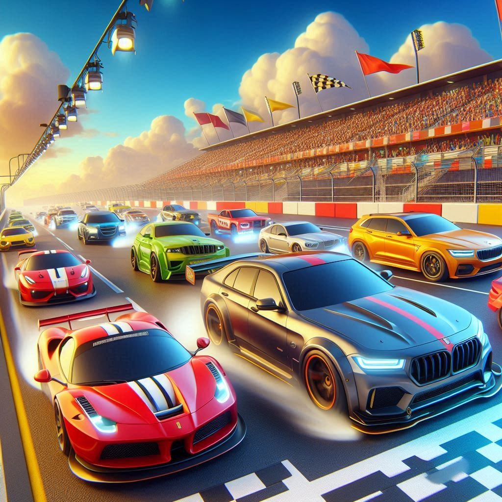 A high-energy race track scene with vibrant race cars, pit stop mechanics, and enthusiastic spectators, all featuring humorous race car puns and slogans.