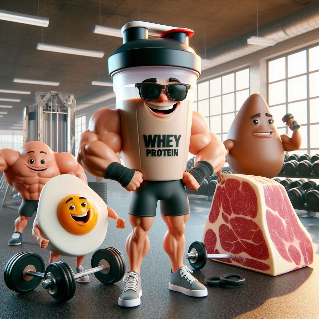 A fun 3D-rendered gym scene featuring a muscular whey protein shaker flexing, a cool egg with sunglasses, a tofu block lifting a dumbbell, and a steak wearing a gym belt, all surrounded by a lively fitness atmosphere with gym-goers laughing in the background.