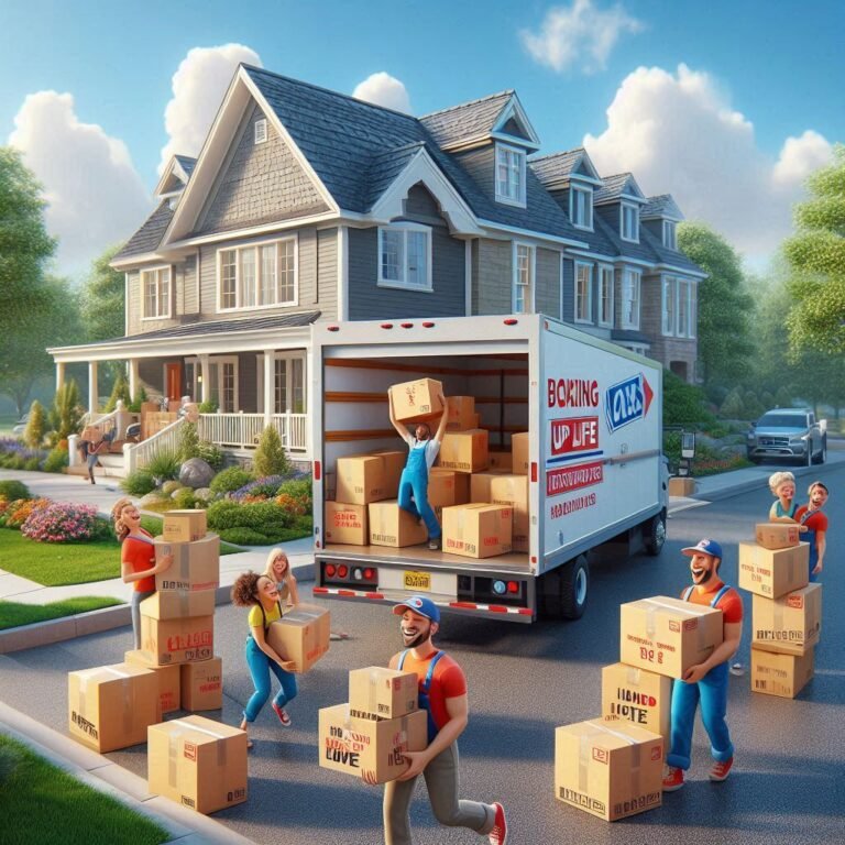 A cheerful moving day scene with a family and movers laughing while packing boxes labeled with funny puns. A moving truck is parked outside a modern house, with a dog playfully tangled in bubble wrap and boxes stacked humorously. Bright, sunny day with a fun and lighthearted atmosphere.