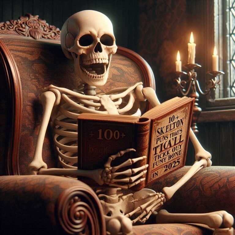 A laughing skeleton in a gothic-style armchair, holding a book of bone-chilling jokes and a steaming mug labeled 'Bone Brew,' surrounded by a spooky yet humorous Halloween-themed library with floating books, neon signs, and a glowing fireplace."