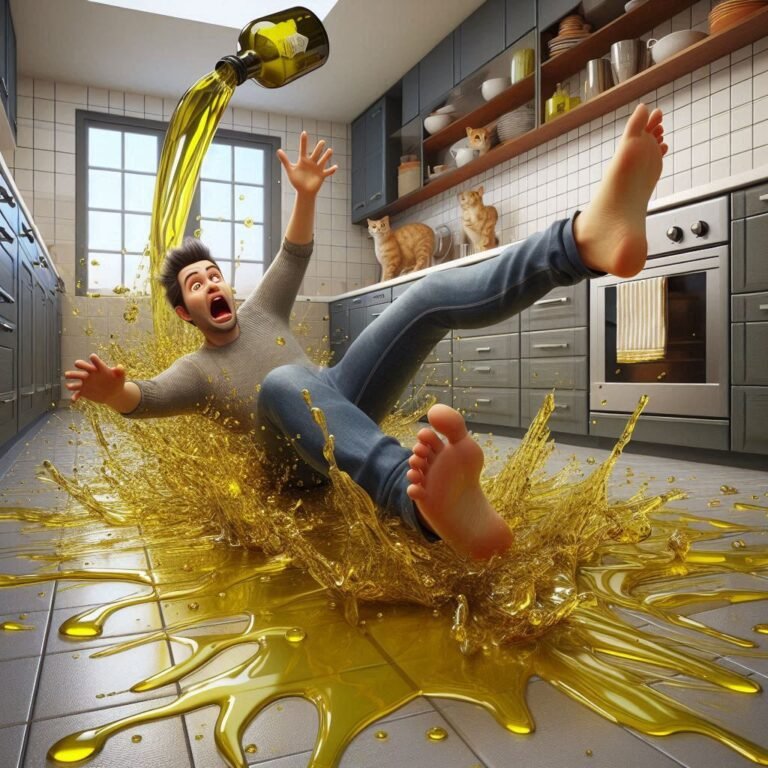 A person slipping on an olive oil spill in the kitchen, arms flailing as the golden liquid spreads across the floor, creating a chaotic yet comical scene.