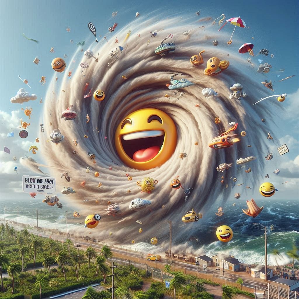 A whimsical 3D rendering of a hurricane with a smiling emoji as the eye of the storm, surrounded by flying objects like umbrellas and speech bubbles with funny puns. Dramatic storm clouds and lightning fill the sky, with a playful rainbow and a tiny boat named 'Pun Intended' in the distance.