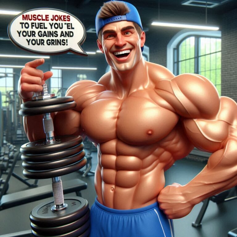 A cheerful, muscular gym-goer laughing while holding a dumbbell in a modern gym. A speech bubble with a funny gym-related joke adds humor to the scene, while gym equipment and motivational posters set the fitness atmosphere.