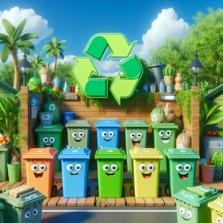 A vibrant 3D-rendered recycling scene featuring animated recycling bins with expressive faces, a cheerful Earth character laughing, and floating speech bubbles with witty recycling puns. A bright, eco-friendly setting promotes sustainability with humor.