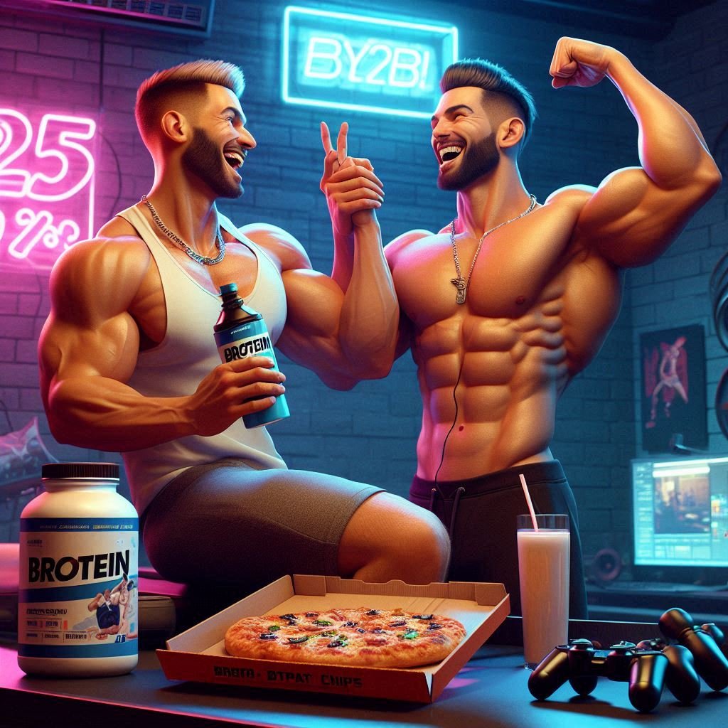 Two muscular bros laughing and high-fiving in a neon-lit gym, holding a protein shake and pizza box labeled with funny bro puns. Bold 3D text reads: "250 Hilarious Bro Puns to Strengthen Your Bromance in 2025.