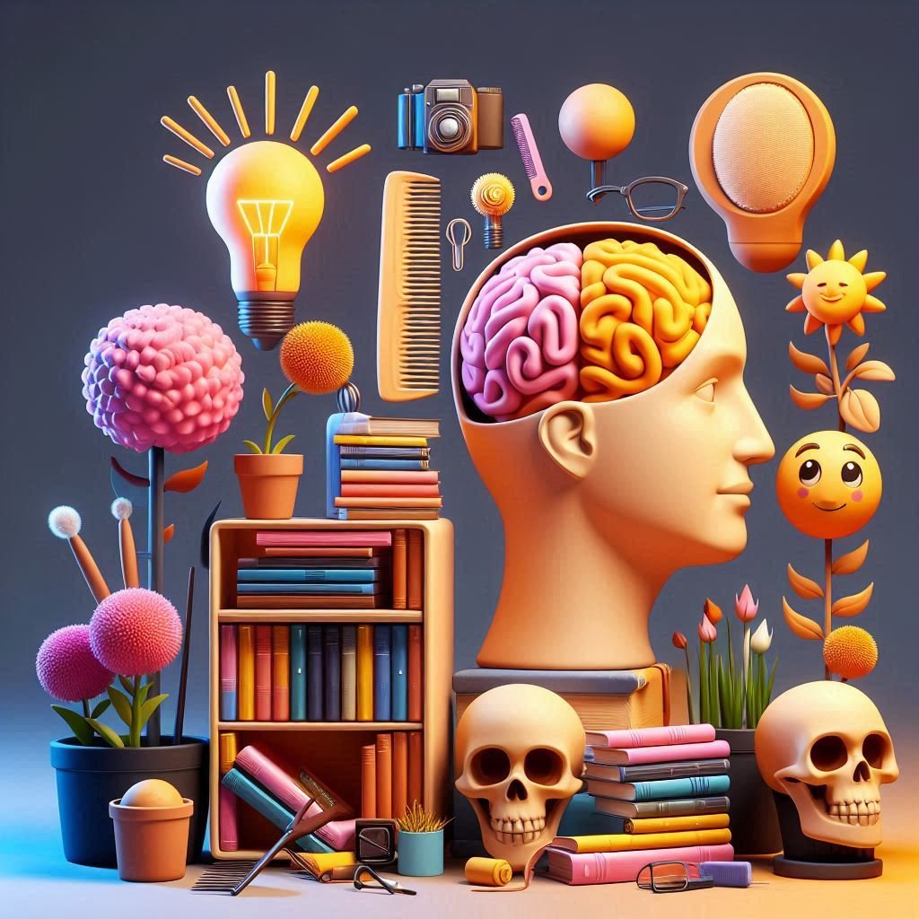 3D scene of a head-shaped bookshelf with pun-titled books, a glowing brain lamp, and a skull planter with flowers.