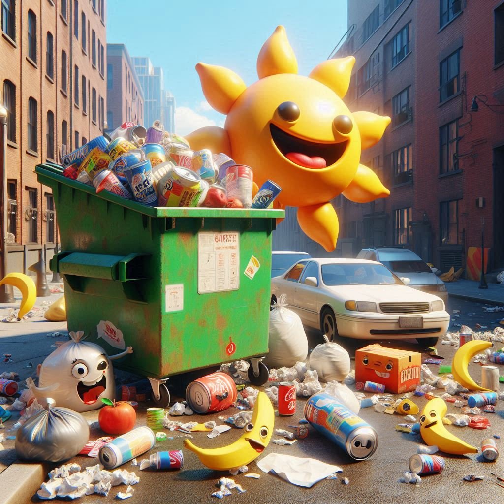 A laughing trash can overflowing with joke-filled papers, surrounded by animated banana peels and recycling bins, bringing humor to the world of waste.