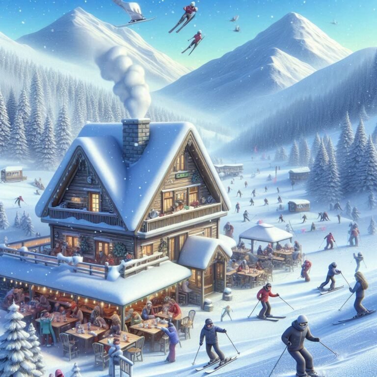 A vibrant 3D image of a snowy mountain slope with skiers and a cozy lodge, with the title text: '150+ Skiing Puns to Elevate Your Winter Humor.