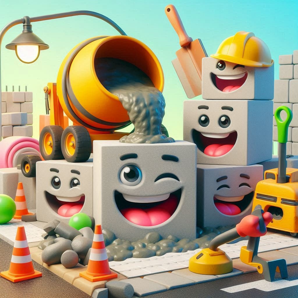 A lively 3D-rendered scene of animated concrete blocks, a smiling cement mixer, and playful construction tools sharing jokes at a fun construction site.