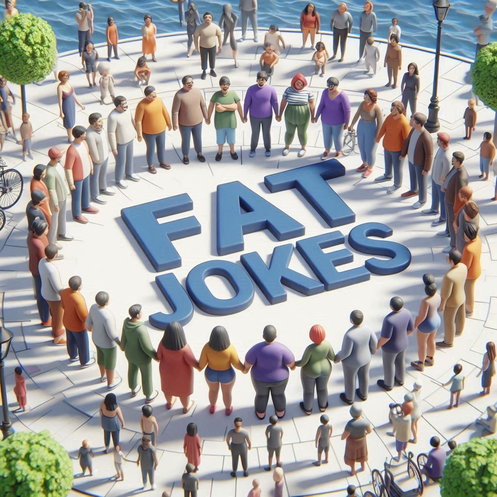 Diverse group celebrating body positivity, contrasting harmful fat jokes with kindness and inclusivity. Title: 'Fat Jokes 2025: Impact and Moving Toward Inclusivity.'