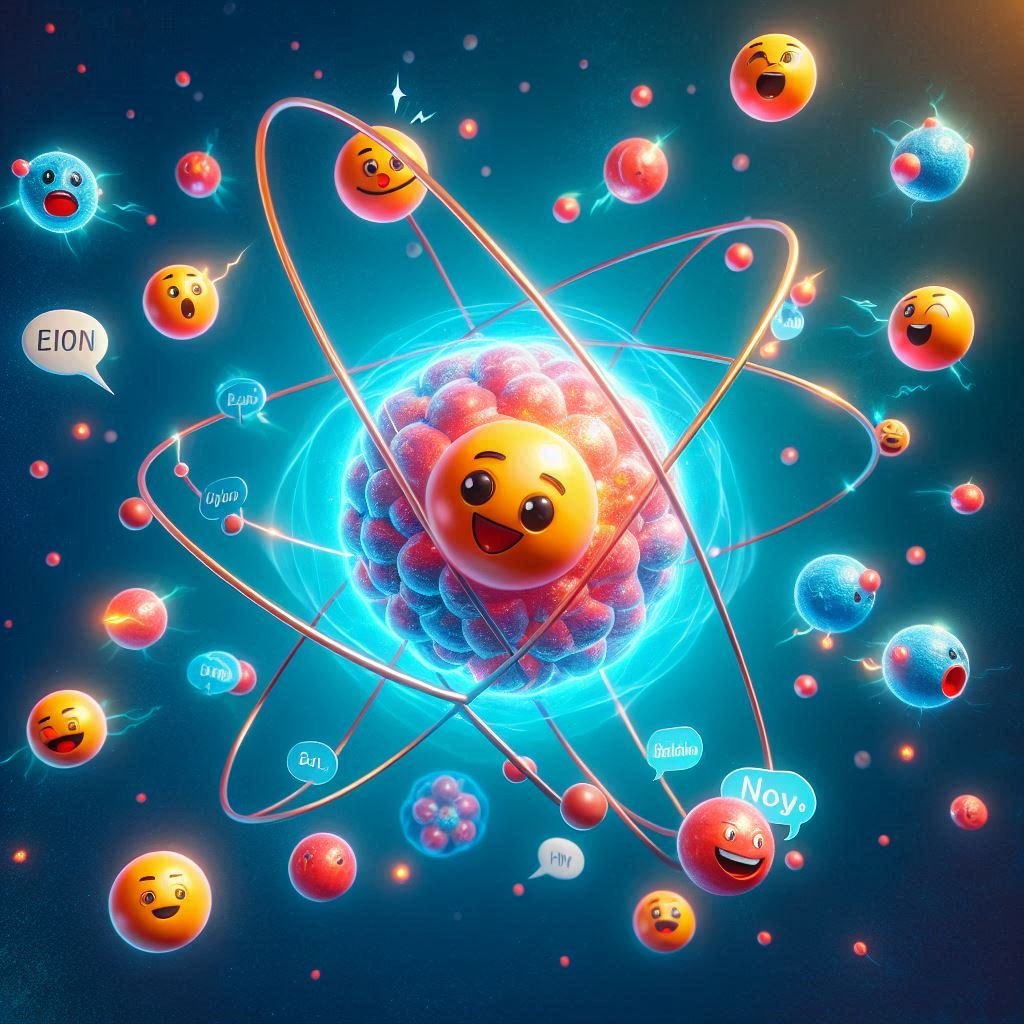 A hyper-realistic 3D-rendered atomic nucleus glowing at the center, surrounded by orbiting protons and neutrons with playful cartoonish expressions. Floating speech bubbles contain humorous nucleus-related puns in a futuristic science lab with holographic displays and neon lighting.