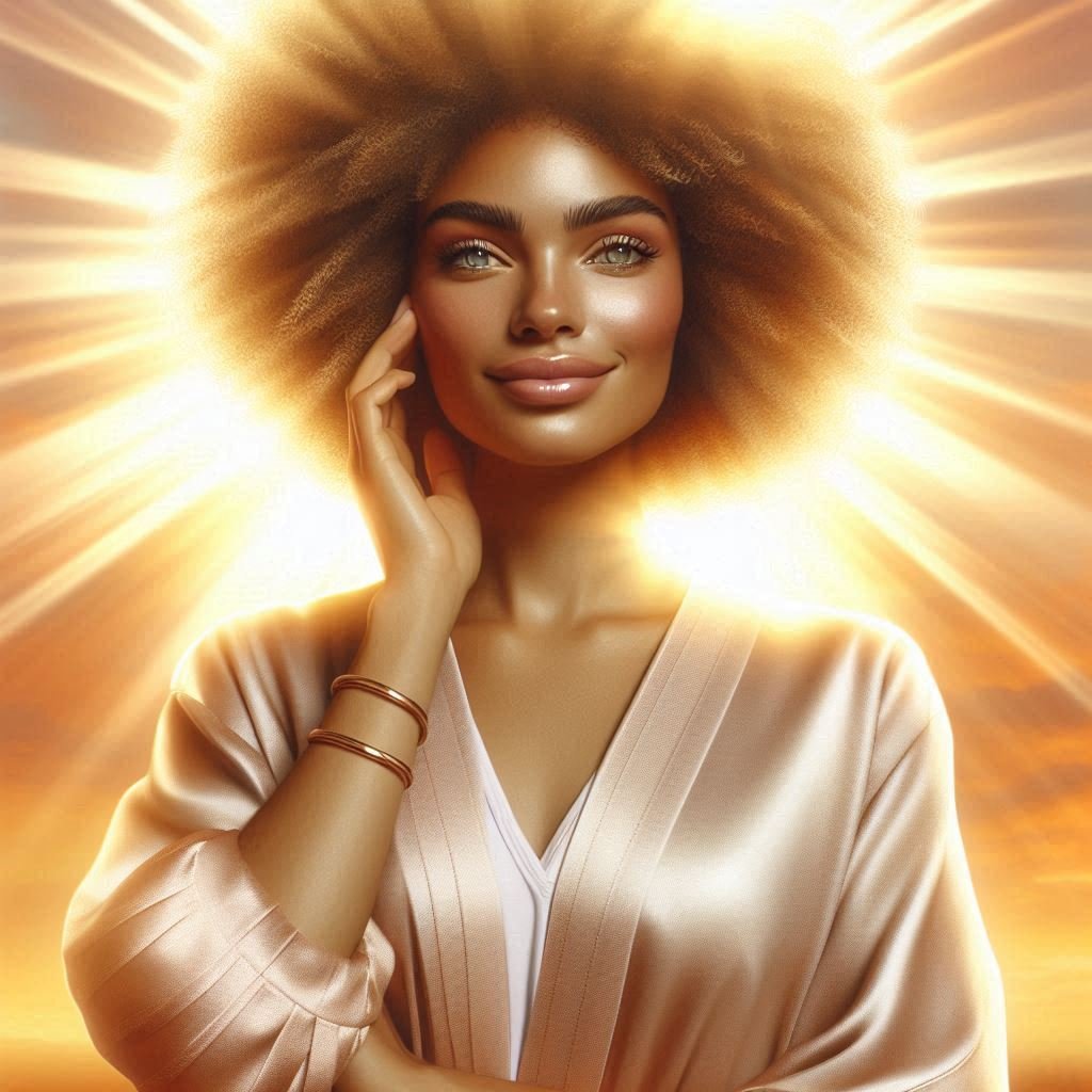 A confident woman standing under a golden sunrise, radiating positivity and self-assurance, surrounded by a glowing aura symbolizing inner strength and self-love.