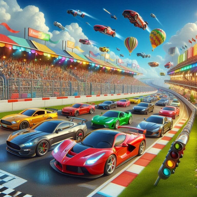 A high-energy race track scene with vibrant race cars, pit stop mechanics, and enthusiastic spectators, all featuring humorous race car puns and slogans.