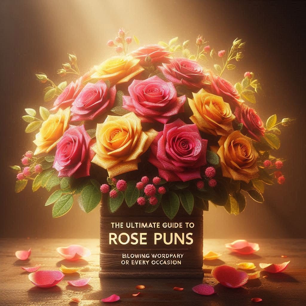 A beautiful 3D-rendered bouquet of vibrant roses with playful title text, glowing fairy lights, and floating petals, symbolizing floral wordplay and humor.