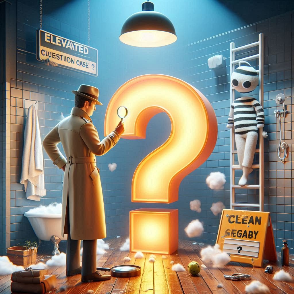 A whimsical 3D scene of a classic detective in a trench coat and fedora, holding a magnifying glass and examining a glowing question mark. Playful elements like a ladder labeled 'elevated case,' a shower with a 'clean getaway' sign, and a burglar in a striped shirt add humor. Subtle nods to Sherlock Holmes and Batman are included, with scattered clues and a speech bubble saying, 'The case of the perfect pun is always worth solving!