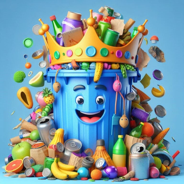 A playful 3D image of a smiling, anthropomorphic trash bin overflowing with colorful trash, surrounded by a sunny park scene. The title '100+ Rubbish Puns That’ll Make You Laugh Your Bin Out' is displayed in bold, glossy 3D text.