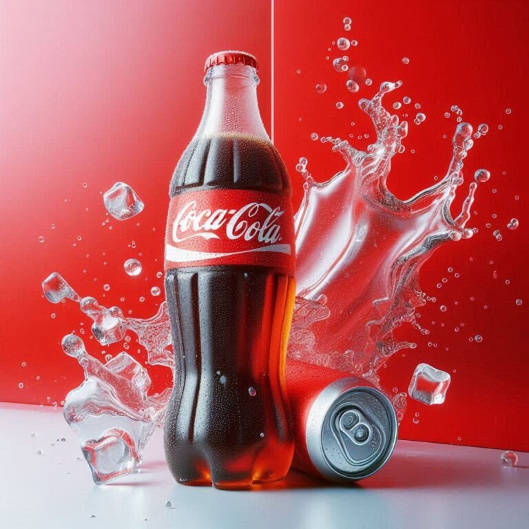 A refreshing Coca-Cola bottle and can with condensation, fizzing bubbles, and playful soda splashes, surrounded by ice cubes and fun pun-themed elements.