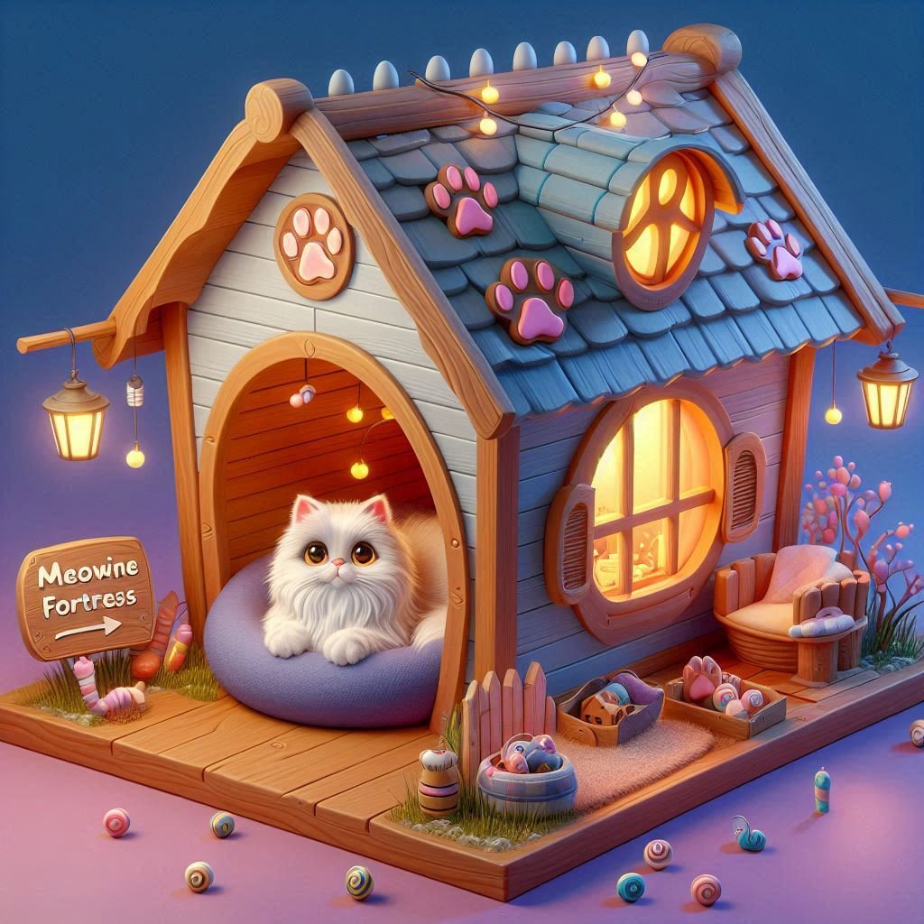 A cozy and colorful cat house with paw-shaped windows, a rooftop perch, and playful feline decorations, surrounded by a lush garden.