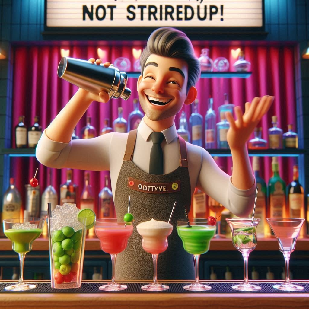 A vibrant 3D render of a lively cocktail bar scene with a smiling bartender shaking a cocktail shaker, pun-labeled glasses like 'Olive You So Much,' and a tropical backdrop with a neon sign reading 'Puns & Drinks: Shake, Stir, Laugh!