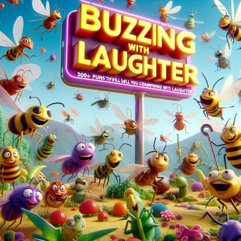 A vibrant 3D illustration of laughing insects, including a bee rolling with laughter, ants dancing, and a grasshopper performing stand-up comedy in a whimsical outdoor setting.