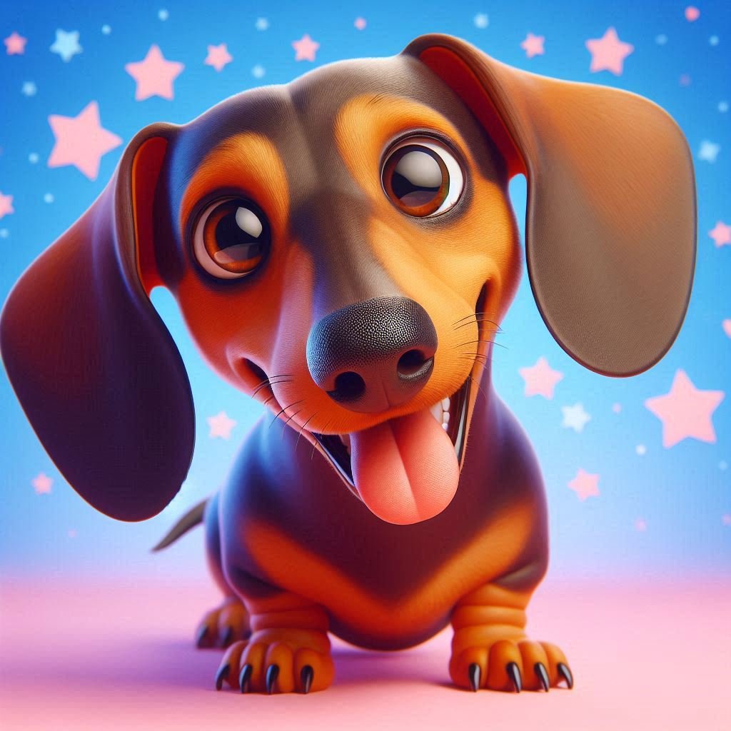A playful Dachshund sitting on a giant hot dog bun with a cheeky expression, surrounded by floating joke bubbles and a bright, cheerful park background.