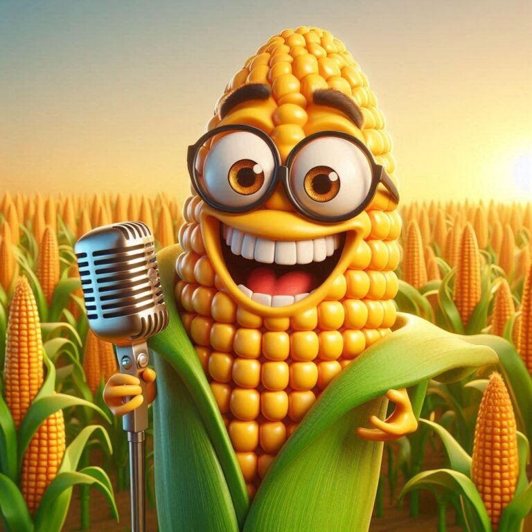 A cheerful, anthropomorphic ear of corn wearing sunglasses and holding a microphone in a golden cornfield, surrounded by popping popcorn and humorous pun signs.