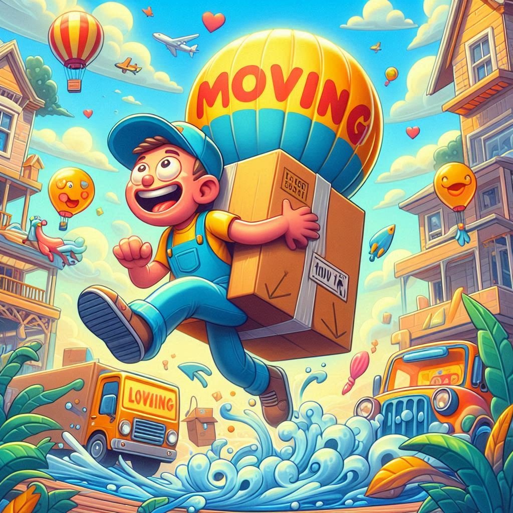 A cheerful family packing moving boxes with a cat peeking out, labeled 'Fragile: Handle with Pun!' in a bright, cartoonish style.