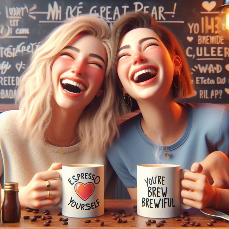 Two best friends laughing over coffee in a cozy café with pun-themed mugs and a chalkboard of witty friendship puns.