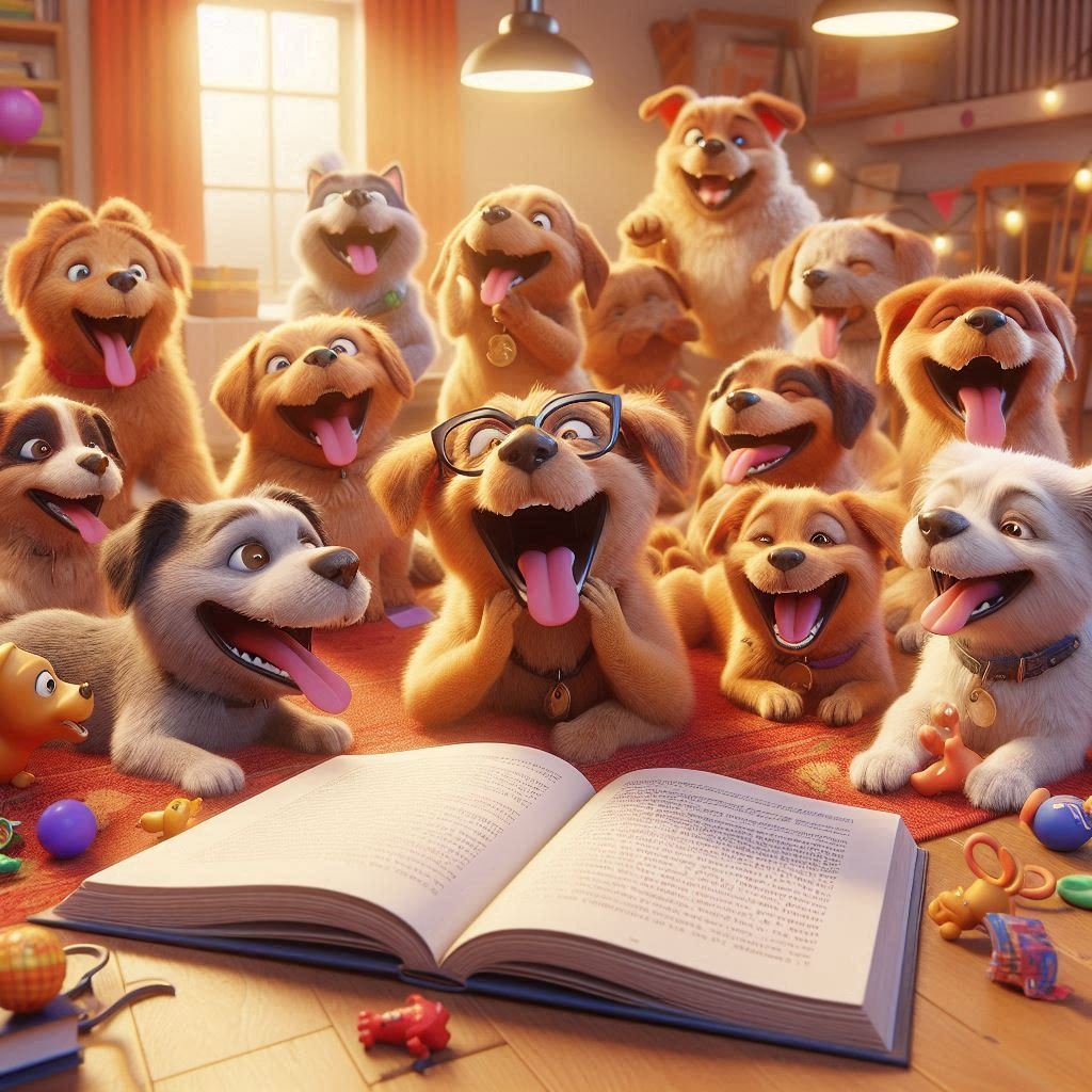 A group of adorable dogs laughing around an open book of jokes in a cozy, playful setting.