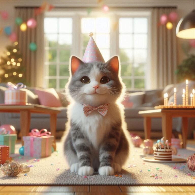 A realistic 3D render of a festive cat birthday party. A happy cat wearing a party hat sits at the center, surrounded by balloons, a fish-shaped cake, and playful kittens. The room is decorated with cat-themed banners and toys, creating a joyful celebration.