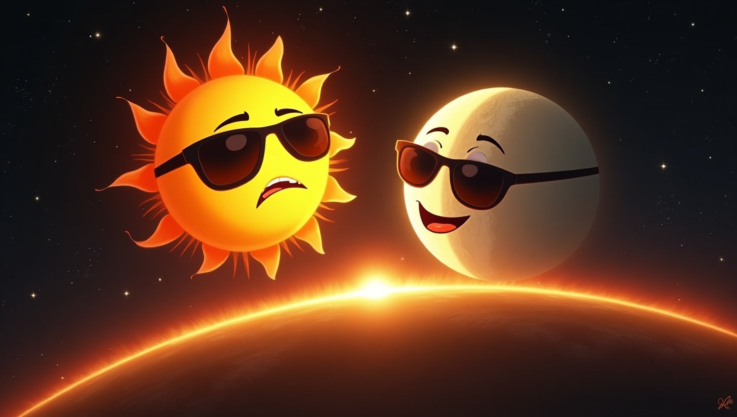 A humorous and realistic solar eclipse scene featuring a cartoonish sun wearing sunglasses, looking annoyed, while the moon grins mischievously as it blocks the sunlight. The glowing corona and twinkling stars create a cosmic backdrop, with people on Earth wearing eclipse glasses and laughing.