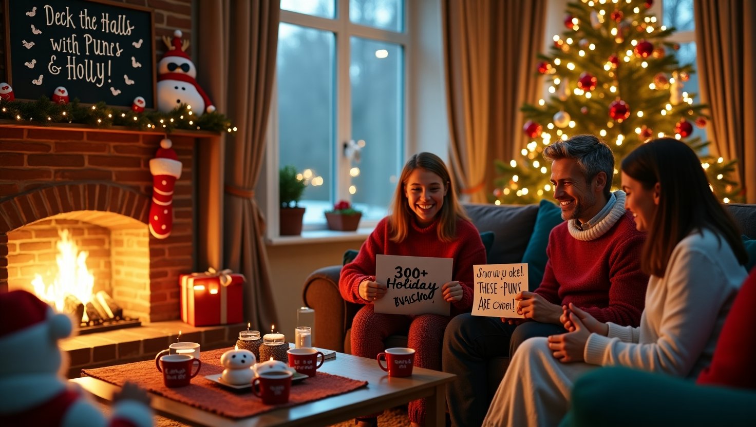 includes keywords (holiday puns, Christmas, festive) while describing visuals for screen readers.