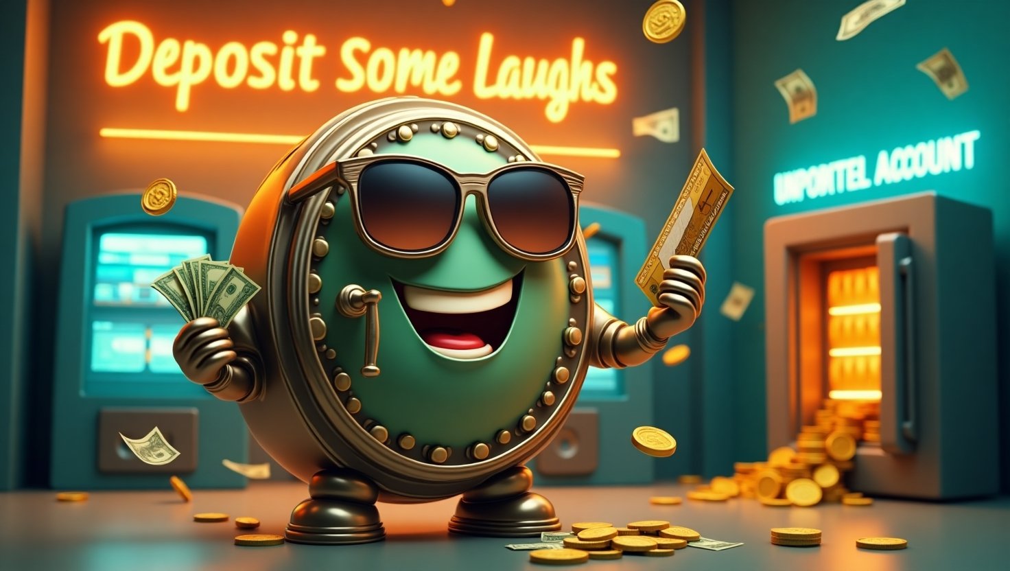 A cartoon-style anthropomorphic bank vault with sunglasses, holding money and a credit card, surrounded by flying dollar bills and gold coins in a futuristic bank setting with a neon sign that says 'Deposit Some Laughs'