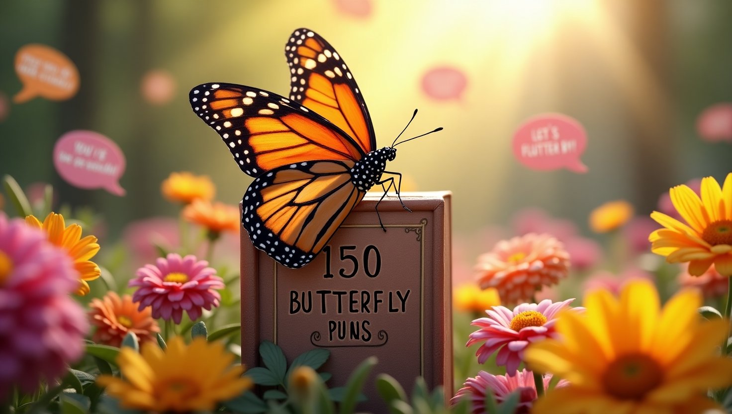 Realistic monarch butterfly with laughing emoji wings perched on a book titled '150 Butterfly Puns' in a sunny garden, surrounded by floating pun speech bubbles.