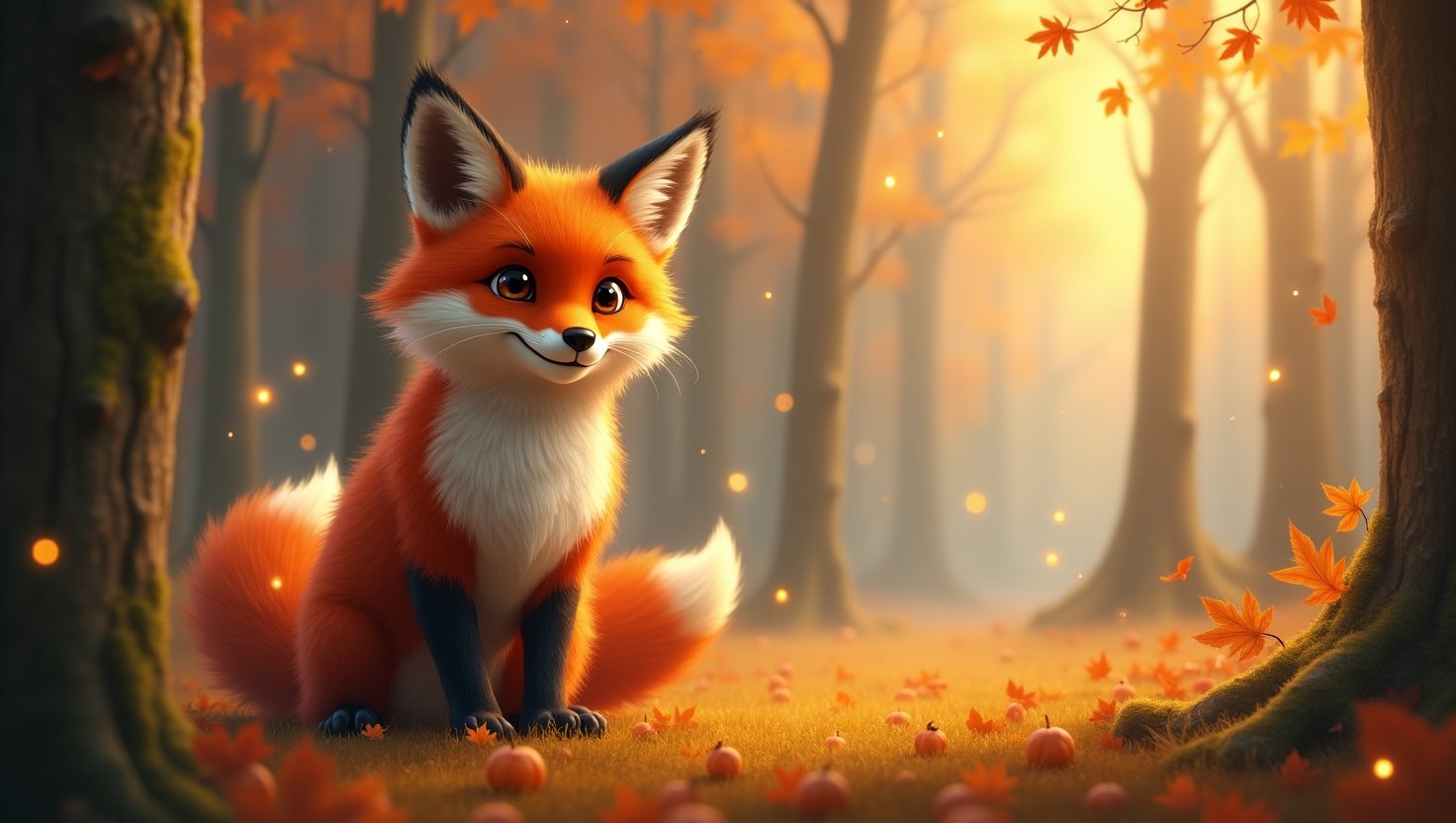 A charming and clever red fox standing in an enchanted autumn forest, surrounded by glowing golden leaves and tiny fireflies. The fox has a playful yet sly expression, embodying intelligence and humor.