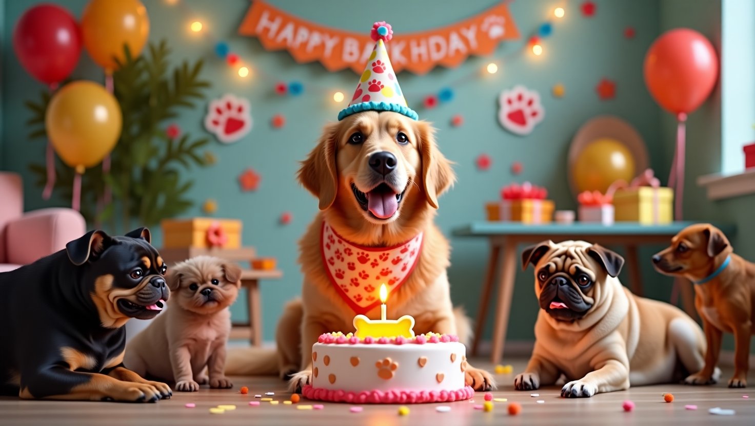 A happy Golden Retriever wearing a colorful party hat sits in front of a bone-shaped birthday cake with a lit candle, surrounded by balloons, streamers, and other playful dogs at a festive dog birthday party.