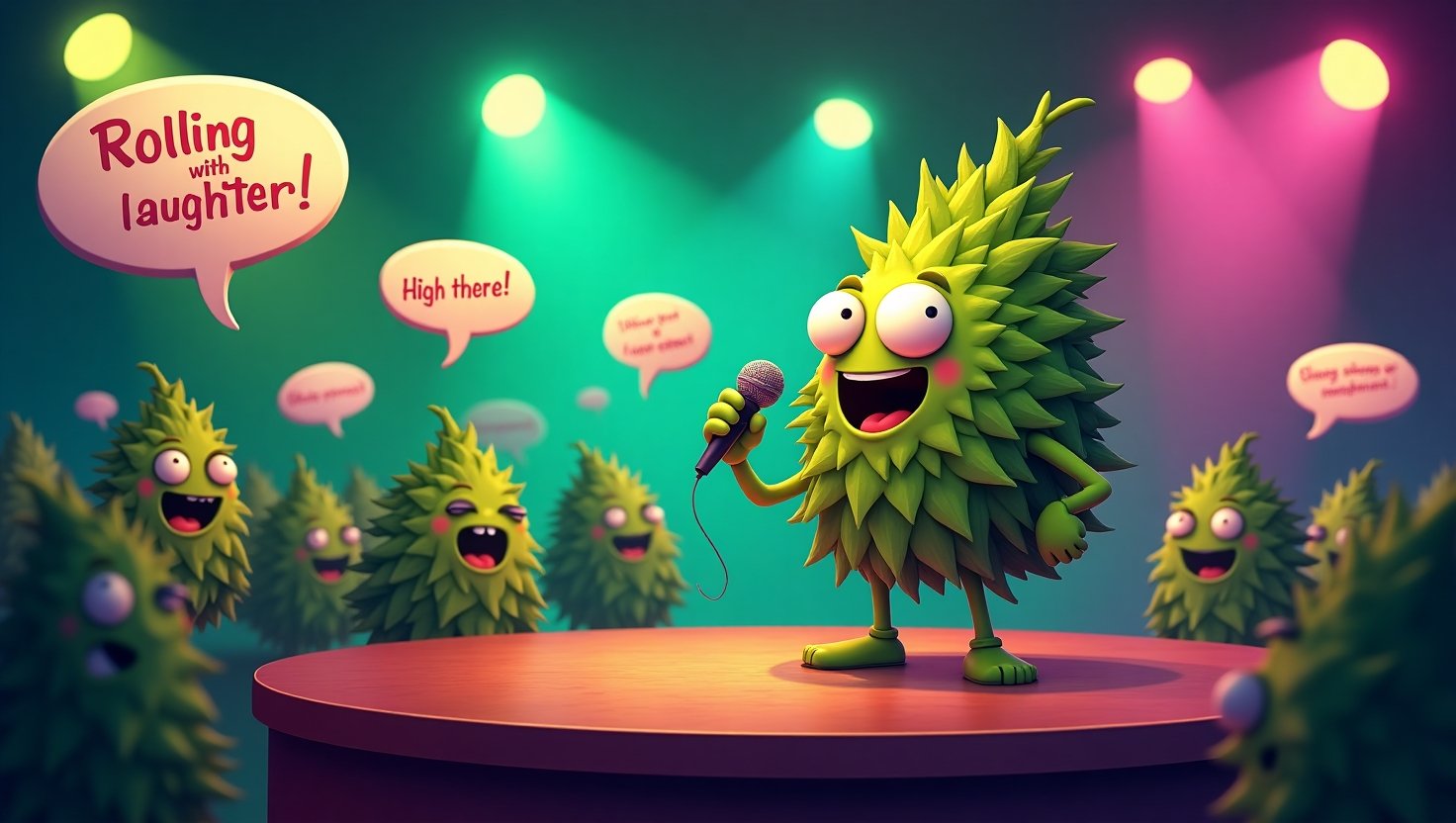A cheerful cartoon cannabis leaf character performing stand-up comedy on stage, entertaining a crowd of laughing marijuana buds in a neon-lit comedy club.