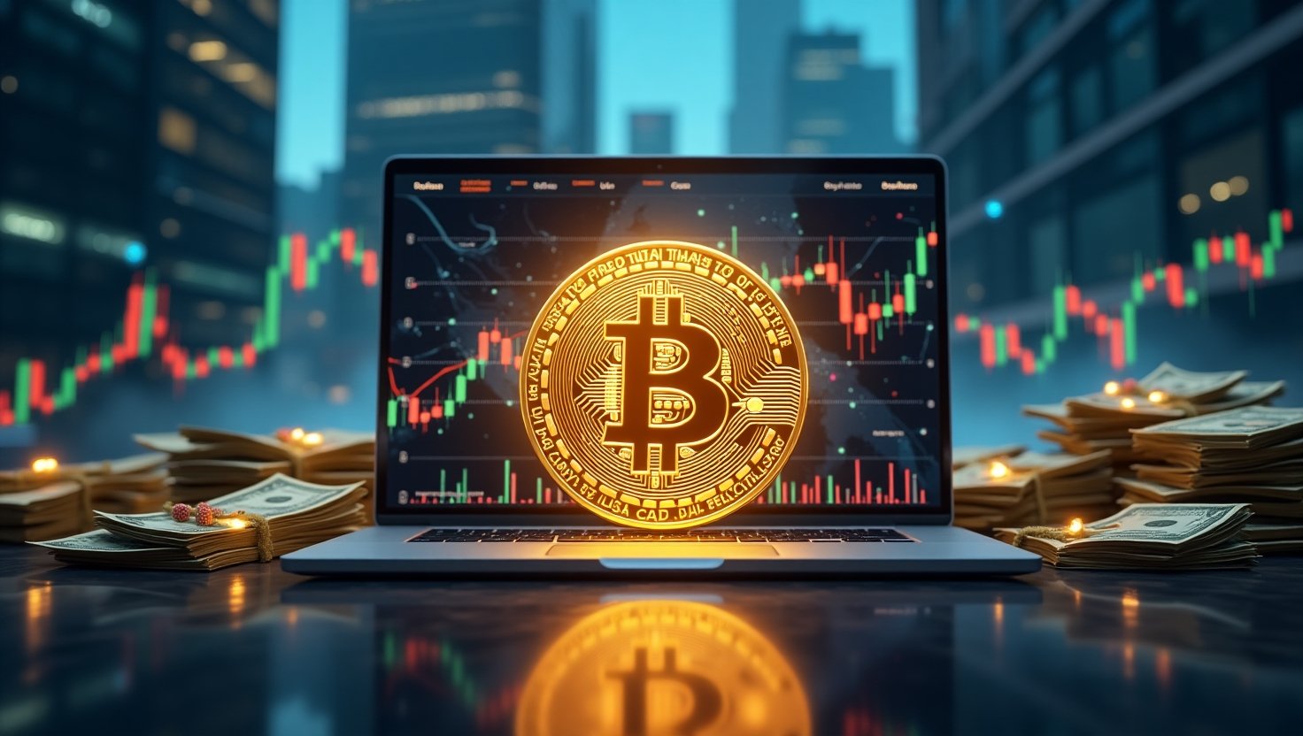 A realistic digital illustration of a glowing golden Bitcoin coin surrounded by cash stacks, digital trading charts, and holographic blockchain networks in a futuristic financial setting.