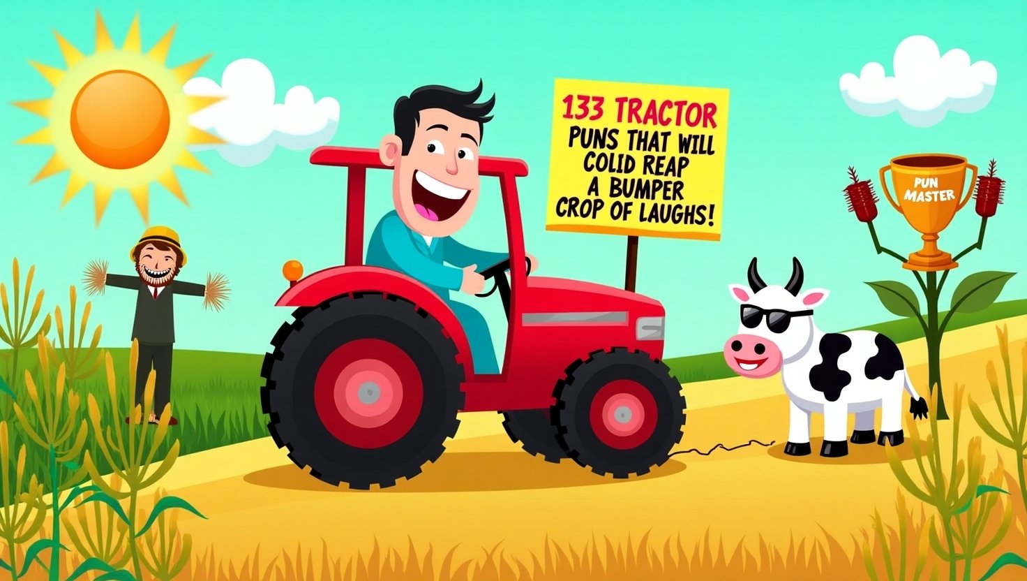 Cartoon-style red tractor driving through a sunny farm field with a sign saying '153 Tractor Puns That Will Reap a Bumper Crop of Laughs!' surrounded by funny farm elements like a laughing scarecrow and a cow with a trophy.