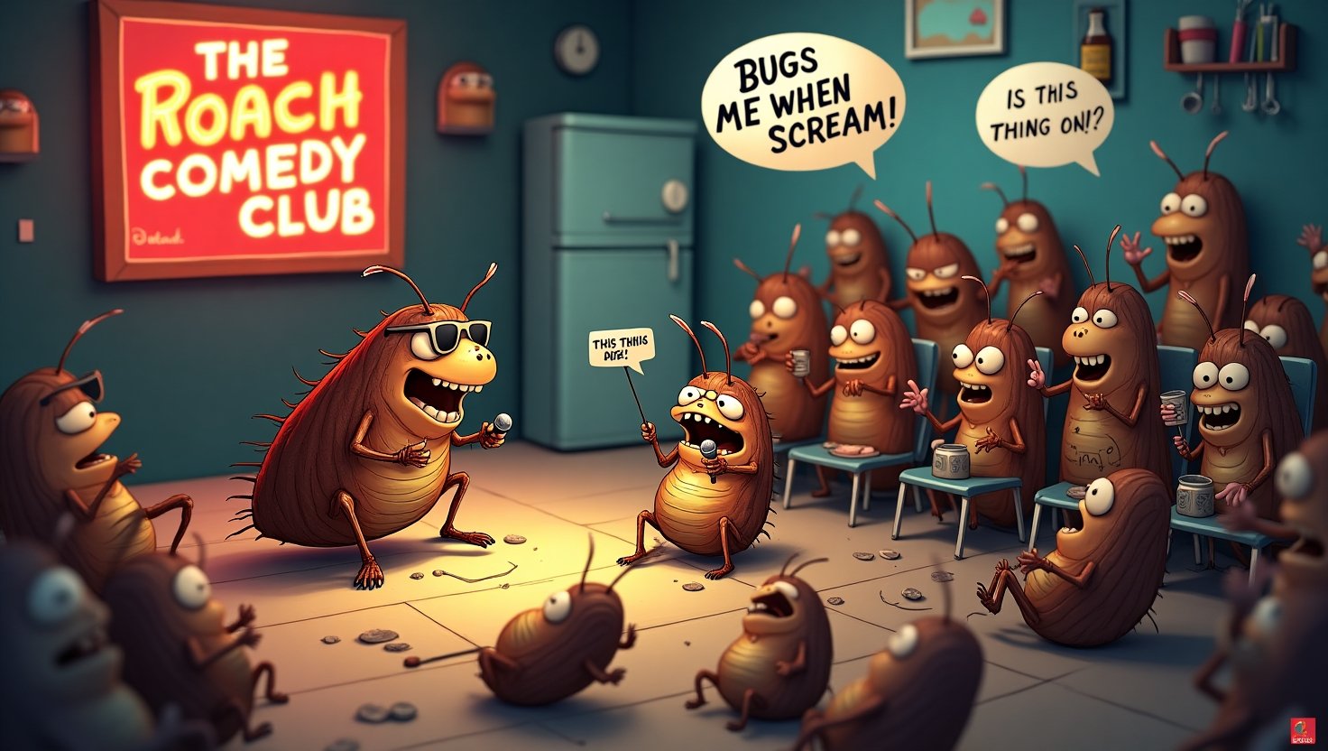 A group of funny cartoon cockroaches performing stand-up comedy on a tiny stage with a neon sign reading 'The Roach Comedy Club' while an audience of roaches laughs hysterically.
